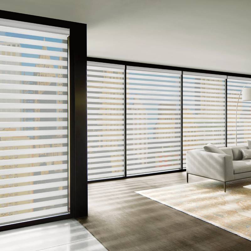 Hunter Douglas Designer Banded Shades hanging in a home’s window near Redwood City, CA